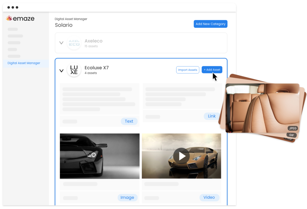 View of emaze’s digital asset manager, featuring assets for model “Ecoluxe X7” and the ability to add additional assets (links, text, images).