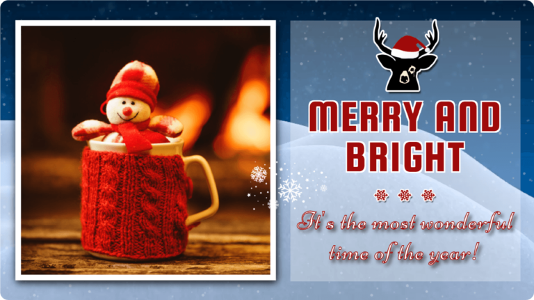 A mug covered with a red knitted sleeve with an emerging snowman, wearing a red and white checkered outfit and a scarf.