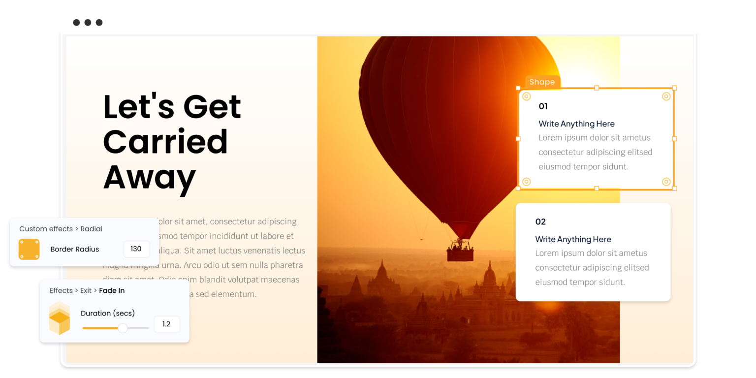 A slide showing the capabilities of emaze’s presentation creator conveying various effects, and a hot air balloon backdrop.