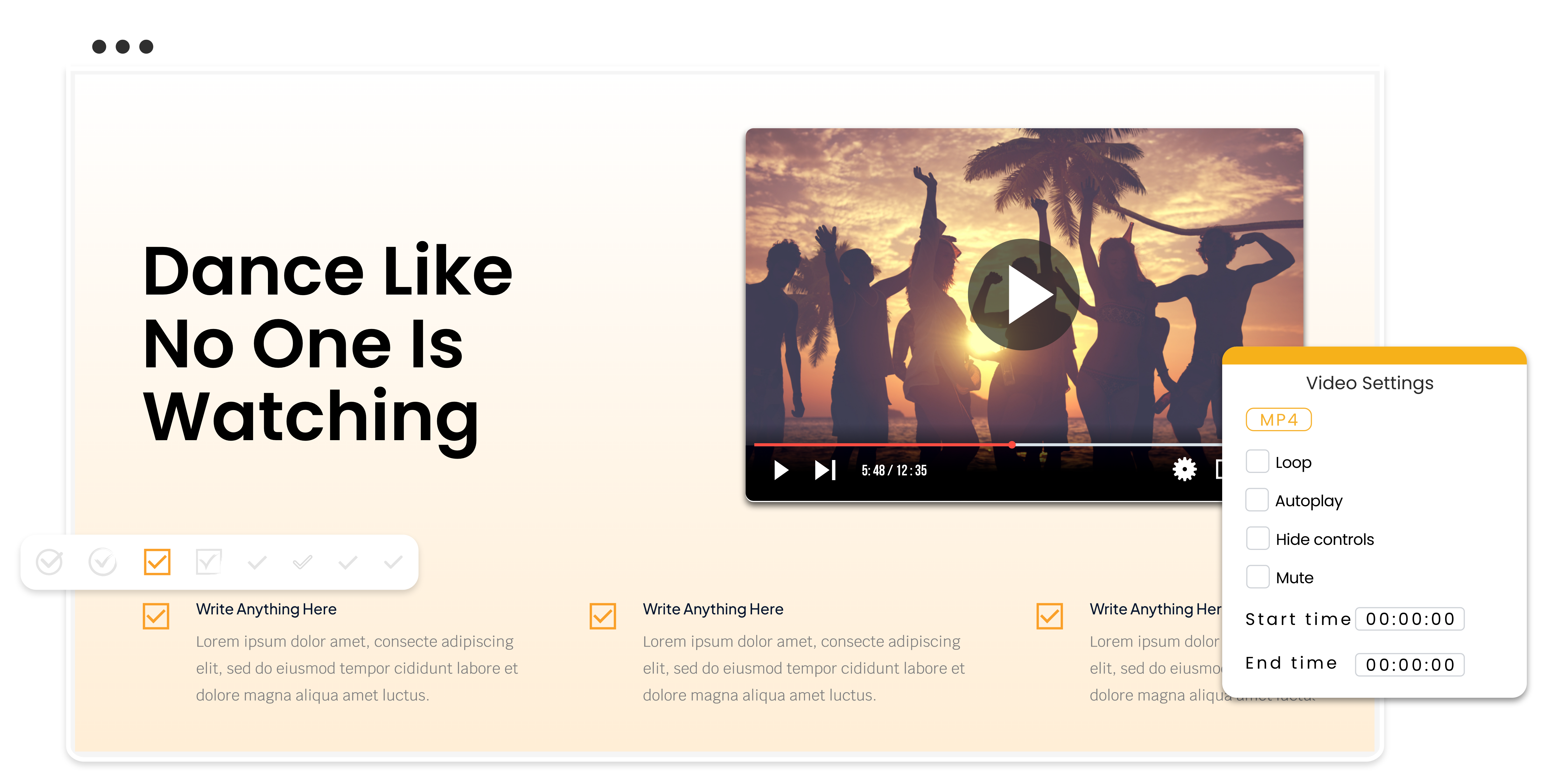A slide demonstrating video settings and controls, and people dancing at sunset on a beach in browser frame.