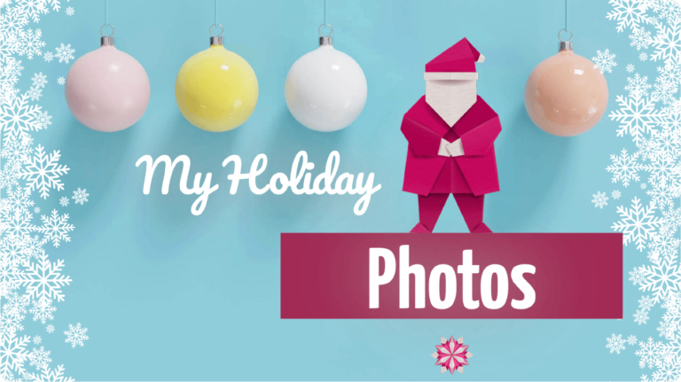 Origami Santa with holiday ornaments, 'My Holiday Photos' album cover.