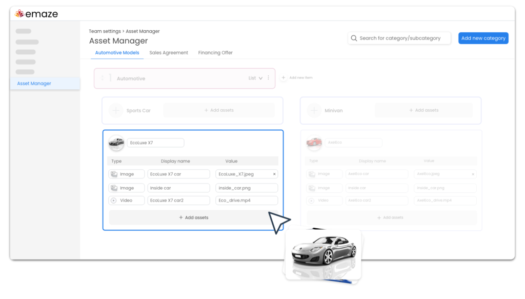 Adding assets (or cars) with images and videos to the Automaze asset manager for automotive sales.