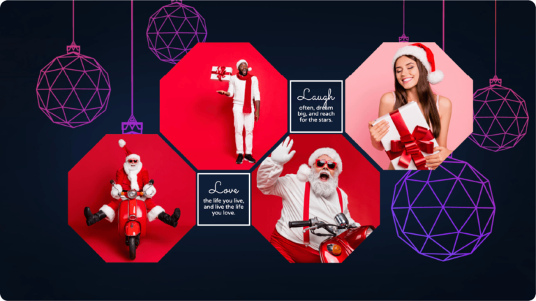 Festive shots of Santa on a motorbike and two young adults carrying presents in their arms