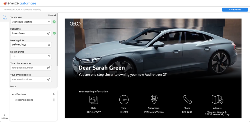 Automaze interface for “Schedule a Meeting” landing page, featuring a personal greeting with the date, time, and showroom location.