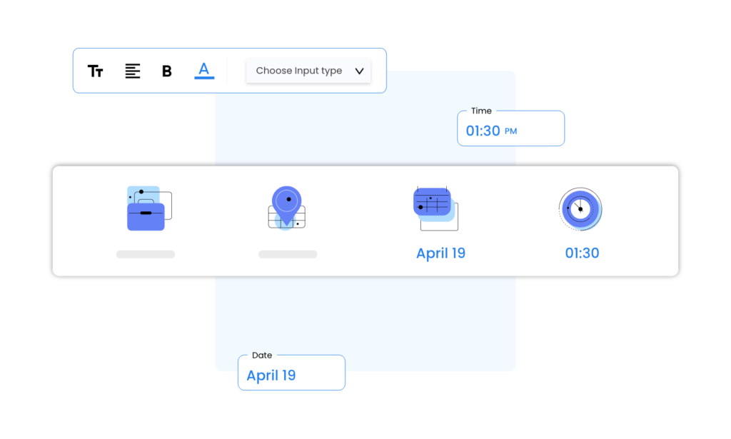 View of editor and the ability to add inputs including time and date. Inputs are then placed in the best possible location by our AI.