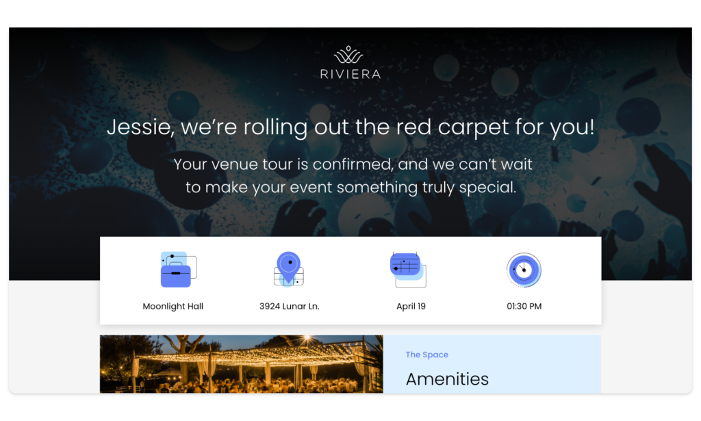 Personalized event reservation complete with the hall name, address, date, time, and venue amenities