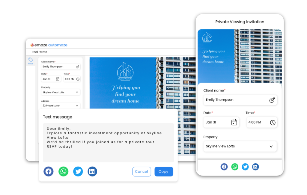 Real estate agent sending a personalized viewing invitation via Automaze for Real Estate